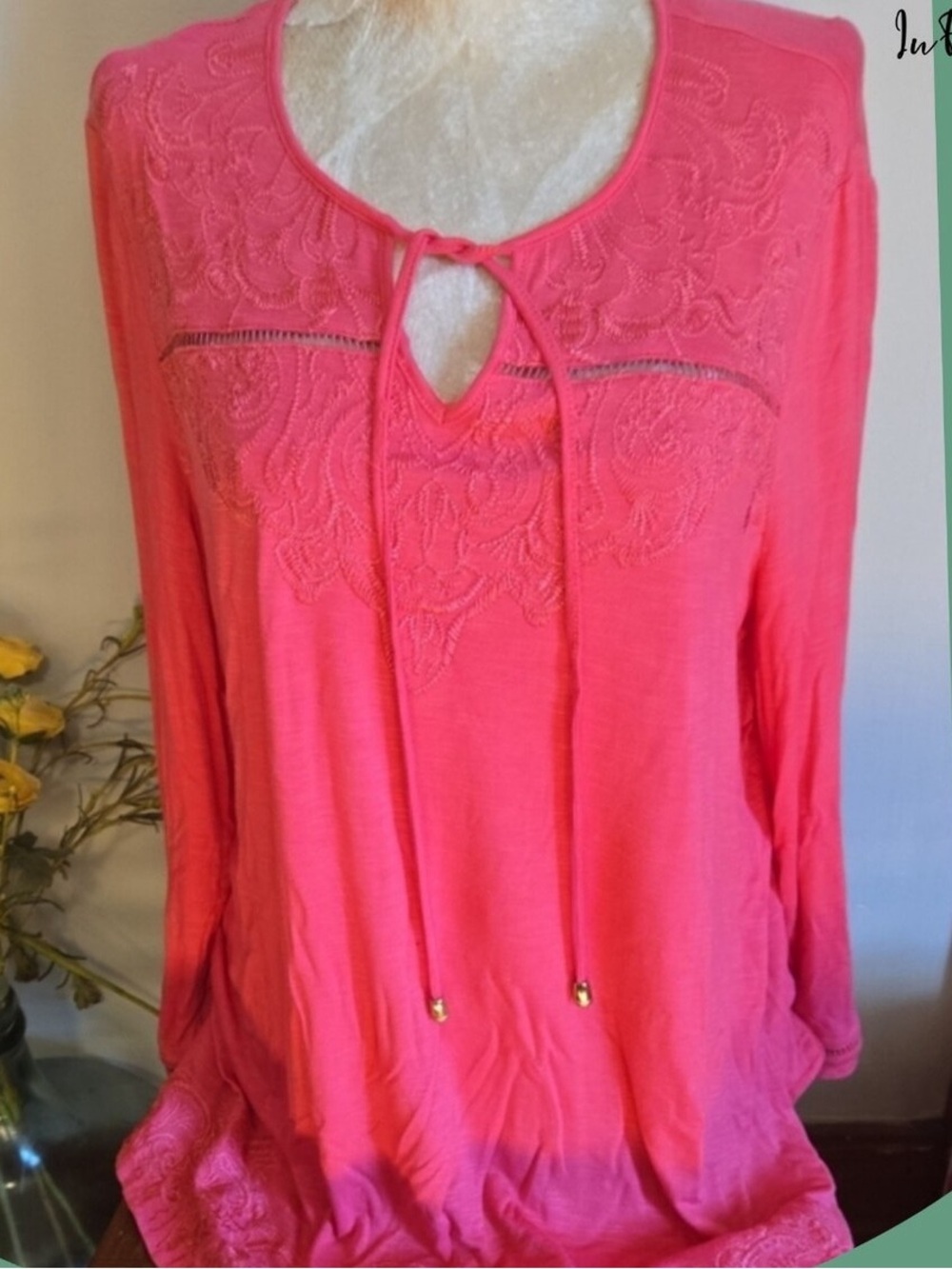 Women’s Pink Embroidered Tie-Neck Top